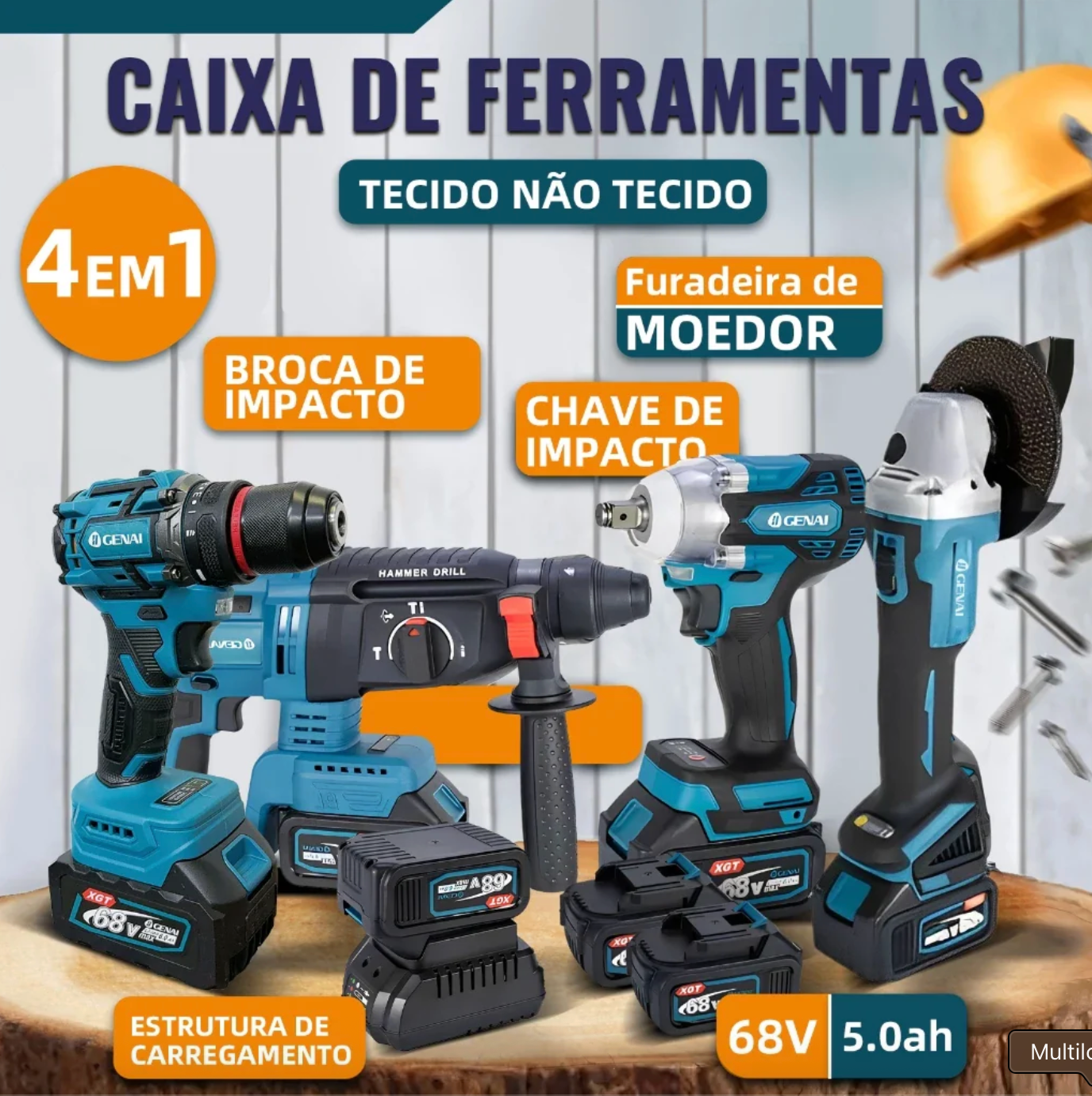 đ„ăPREĂO DE FĂBRICAăđ„ Kit de ferramentas 4 em 1 Furadeira, Chave de fenda/Chave de impacto/Amolador/Martelo 2 baterias de 21 V Caixa