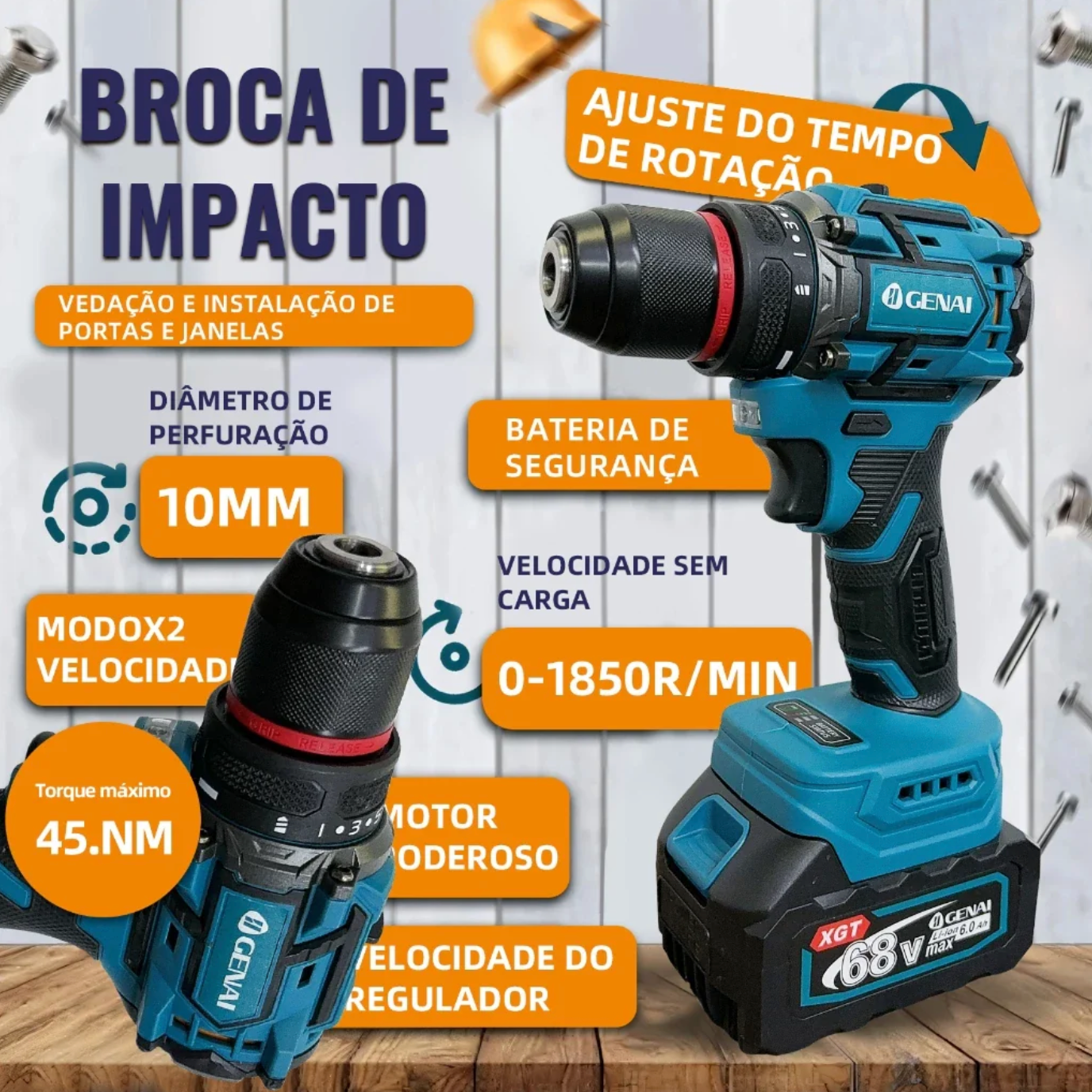 đ„ăPREĂO DE FĂBRICAăđ„ Kit de ferramentas 4 em 1 Furadeira, Chave de fenda/Chave de impacto/Amolador/Martelo 2 baterias de 21 V Caixa