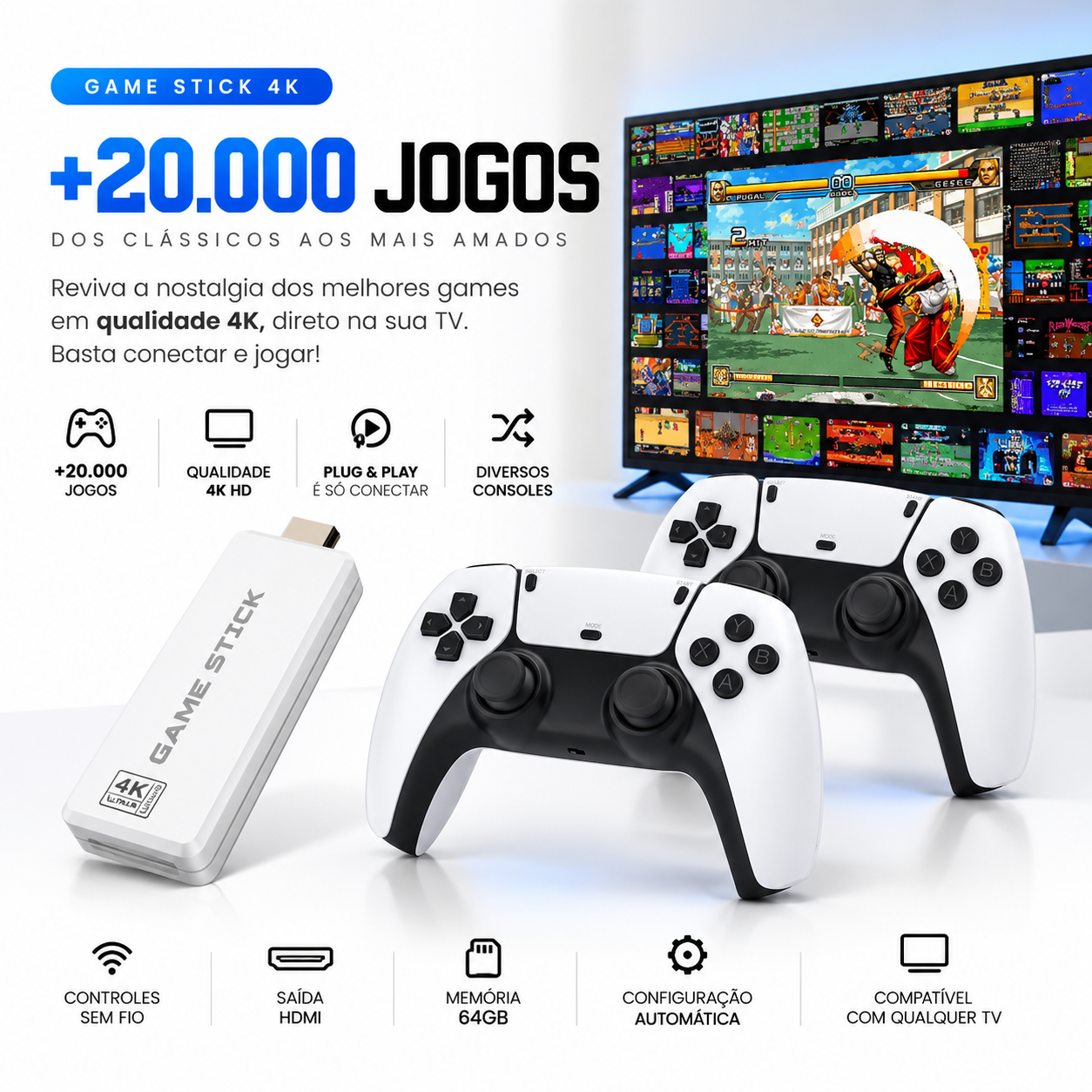 🔥 Mega Promoção - Video Game Stick M15 Pro 4K 3D 64GB 20mil jogos R36S K5 X12 - Branco 🔥