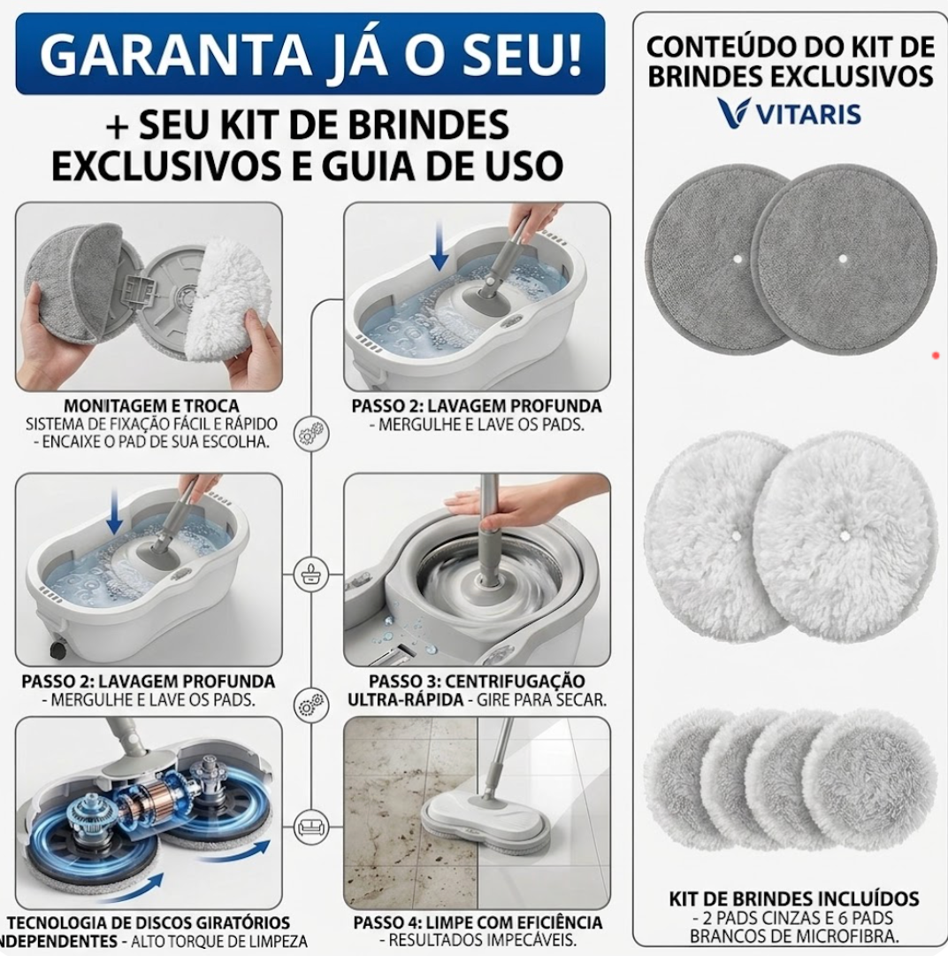Kit Mop Elétrico 2 em 1 + Brindes Exclusivos: Limpeza Sem Esforço em Minutos!🔥